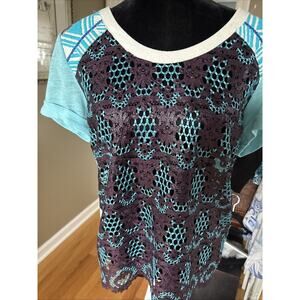 Vintage Custo Barcelona Blue purple lace front Short Sleeve Shirt 2/M linen New